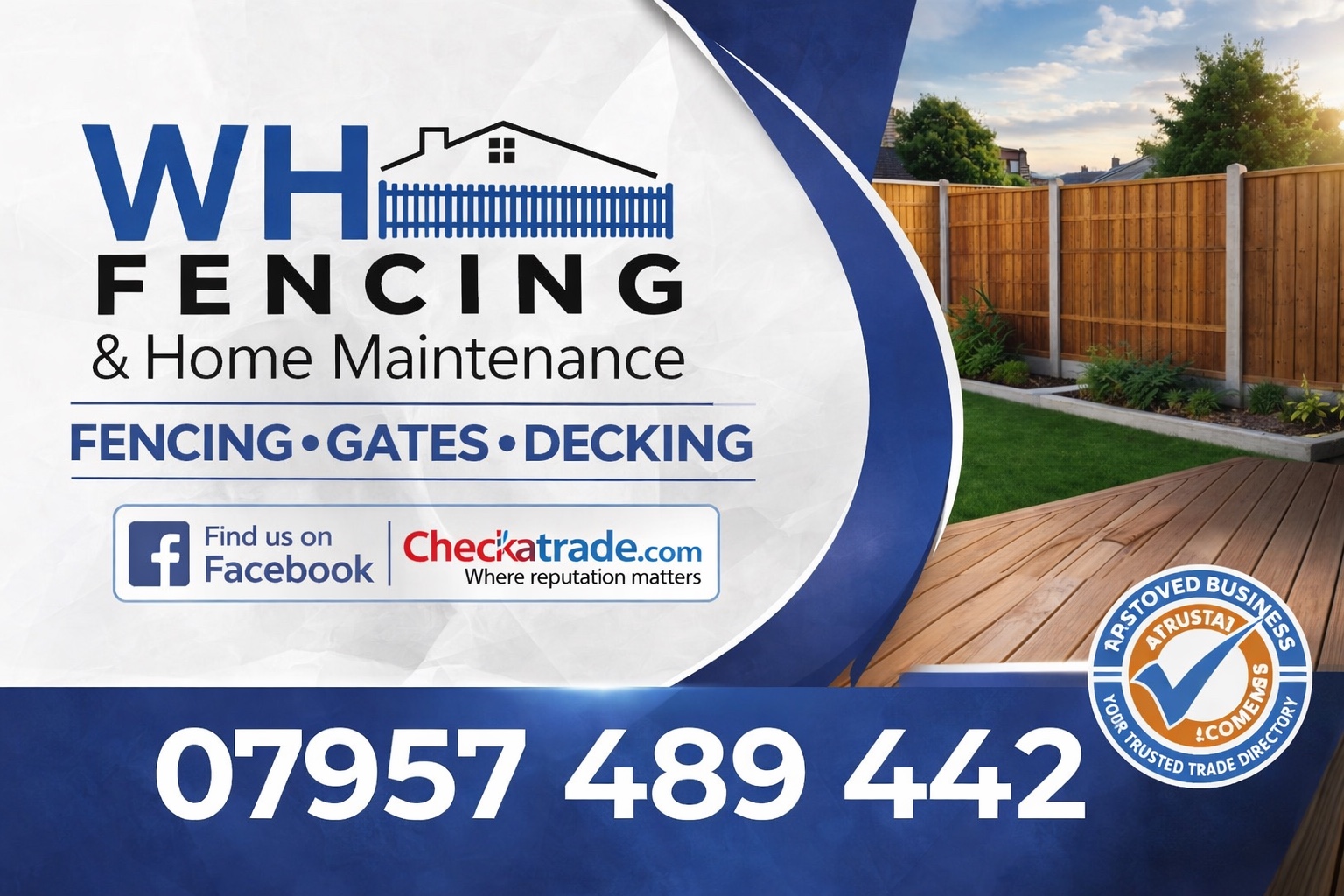WH Fencing & Home Maintenance brand artwork with fencing and decking imagery